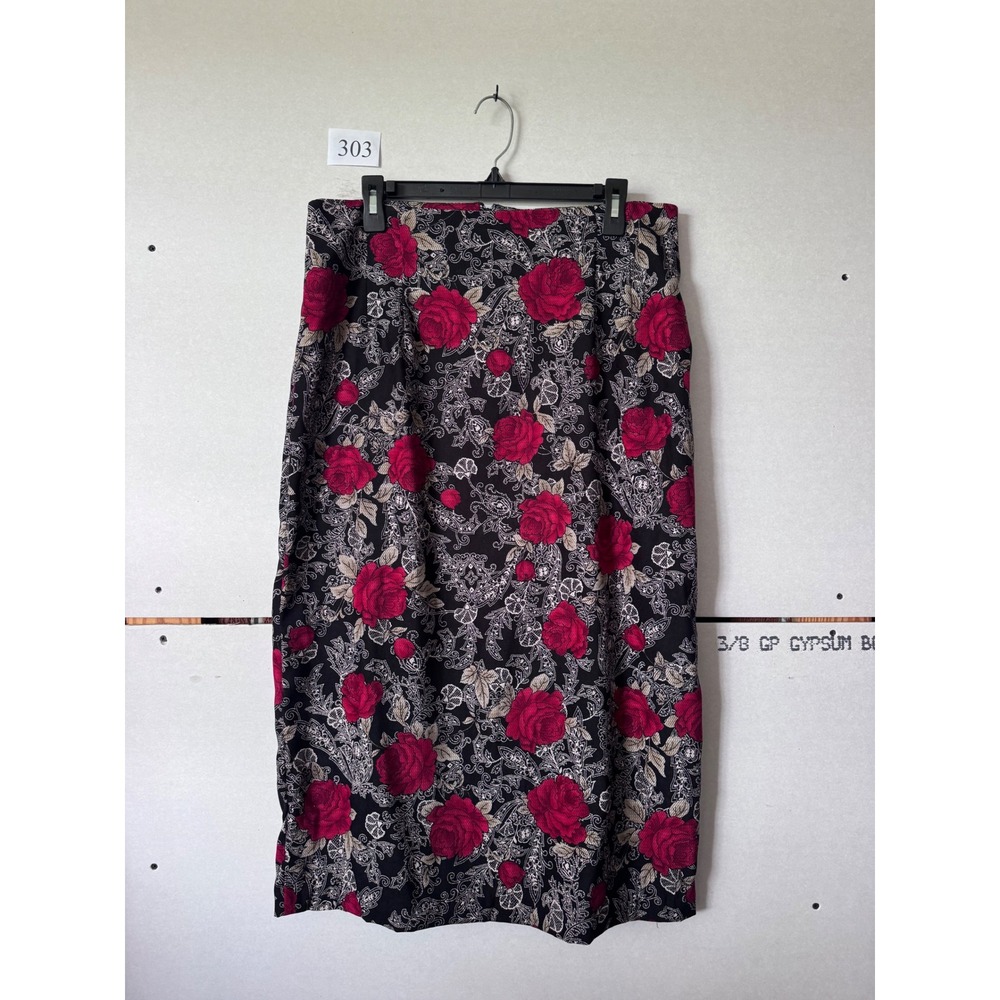 Briggs New York Red Rose Floral Paisley Midi Skirt Black Plus Size 16W Stretch